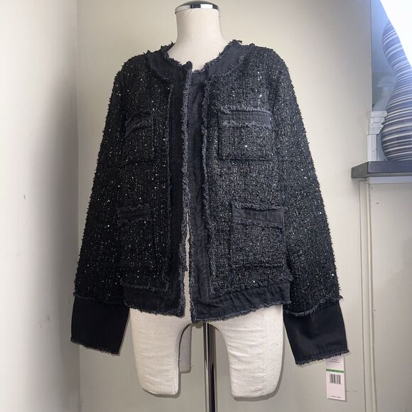 NWT Nanette Lepore Black Sequined Boucle’ Frayed Denim Trim Jacket Tweed Blazer - Picture 5 of 12